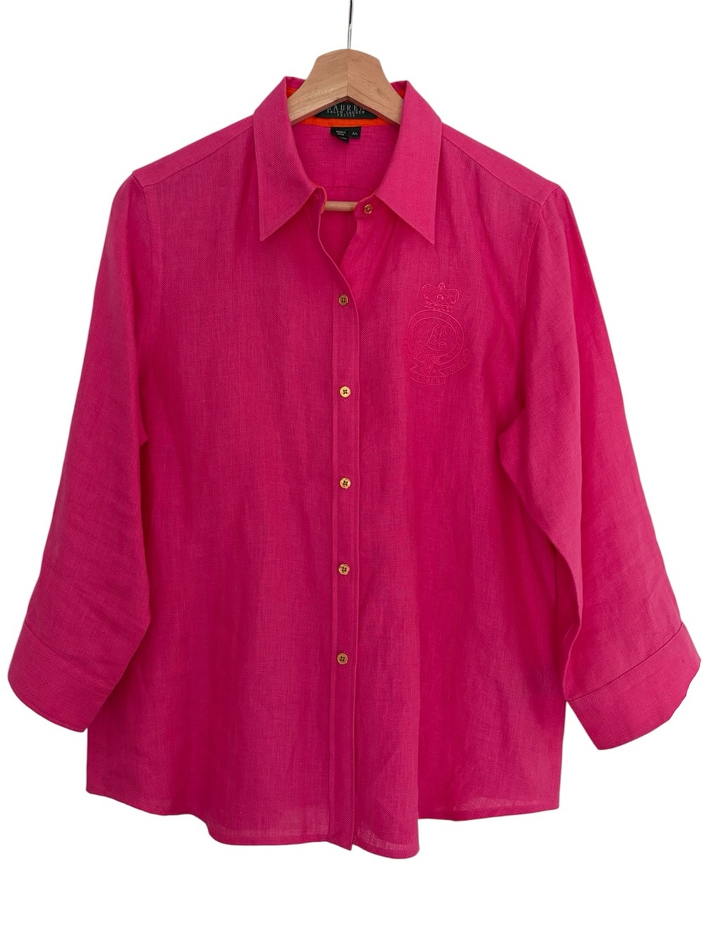 Lauren Ralph Lauren Linen Button Shirt Pink Orange Cuff Embroidered Crest Sz LP